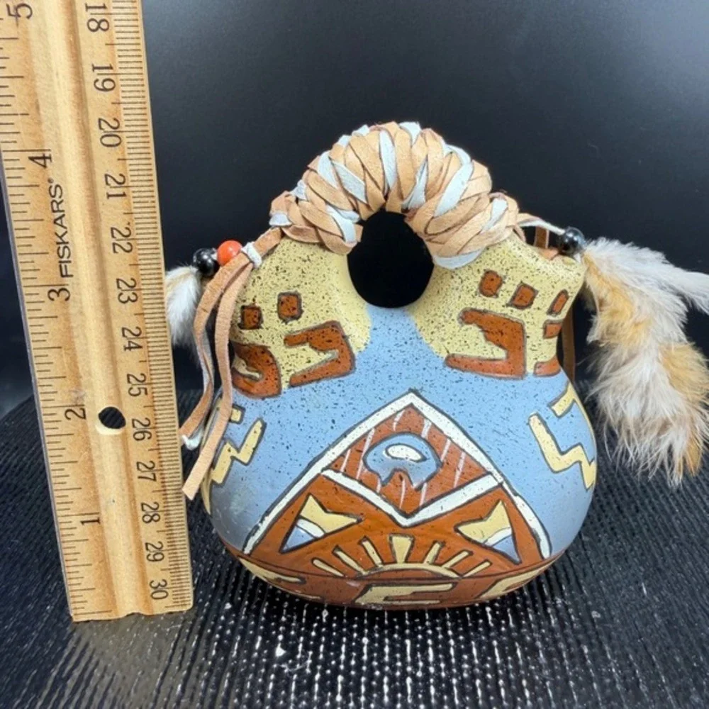 Southwestern Wedding Vase Hand Painted Buffalo Sun Pottery Feather Leather 4inch